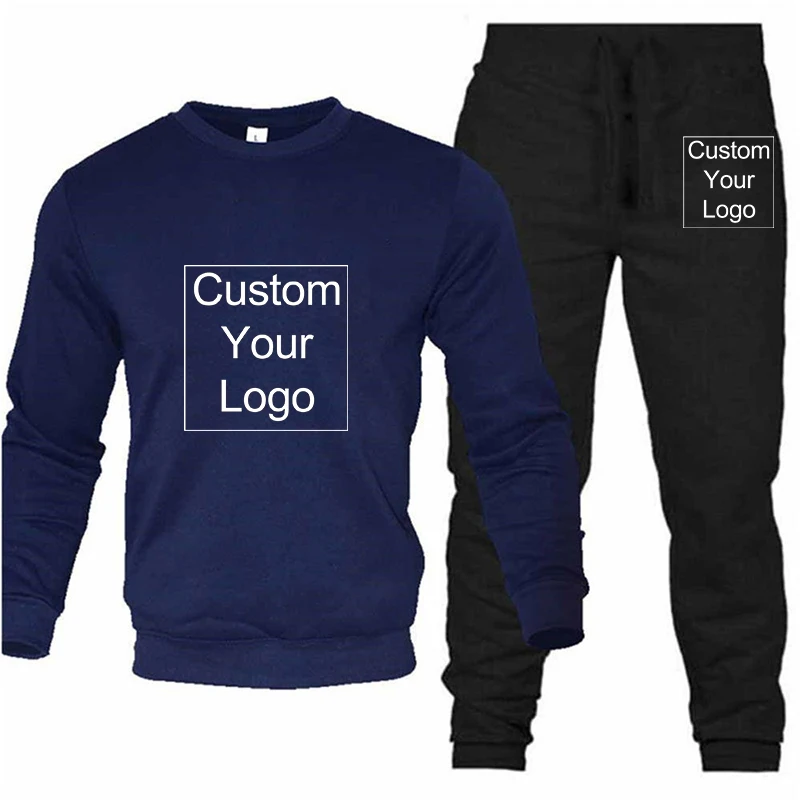 New Custom Logo Solid Color New High-Quality Men's Leisure Sports Round Neck Hoodless Sweater Pullover+Outdoor Running Pants Set