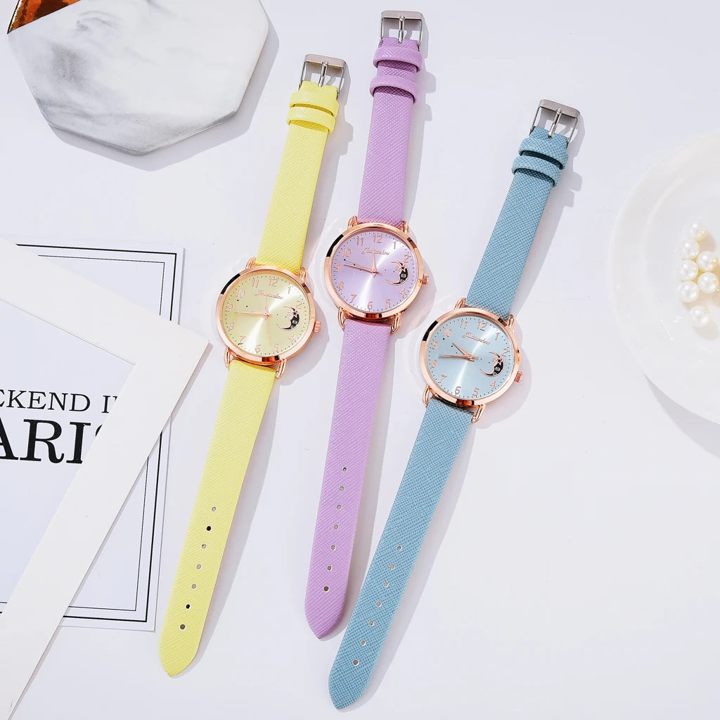 Women Watch Moon Numbers Dial Bracelet Watches Set Ladies Leather Band Quartz Wristwatch Women Female Clock Relogio Mujer