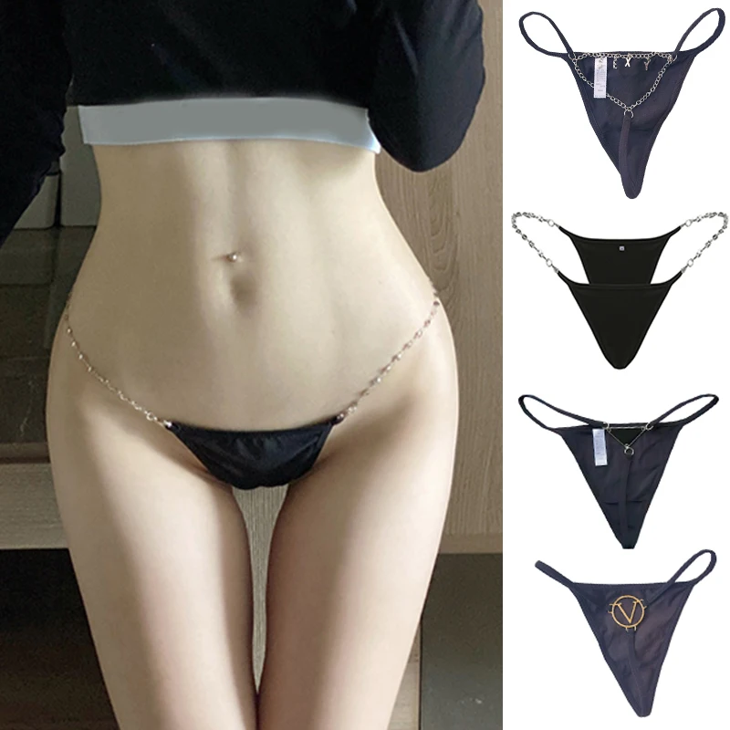 

Women Metal Chain Sexy Thongs Low Waist Women's Underwear Erotic Black Thin Cotton Panties Thin StringSeamless Briefs