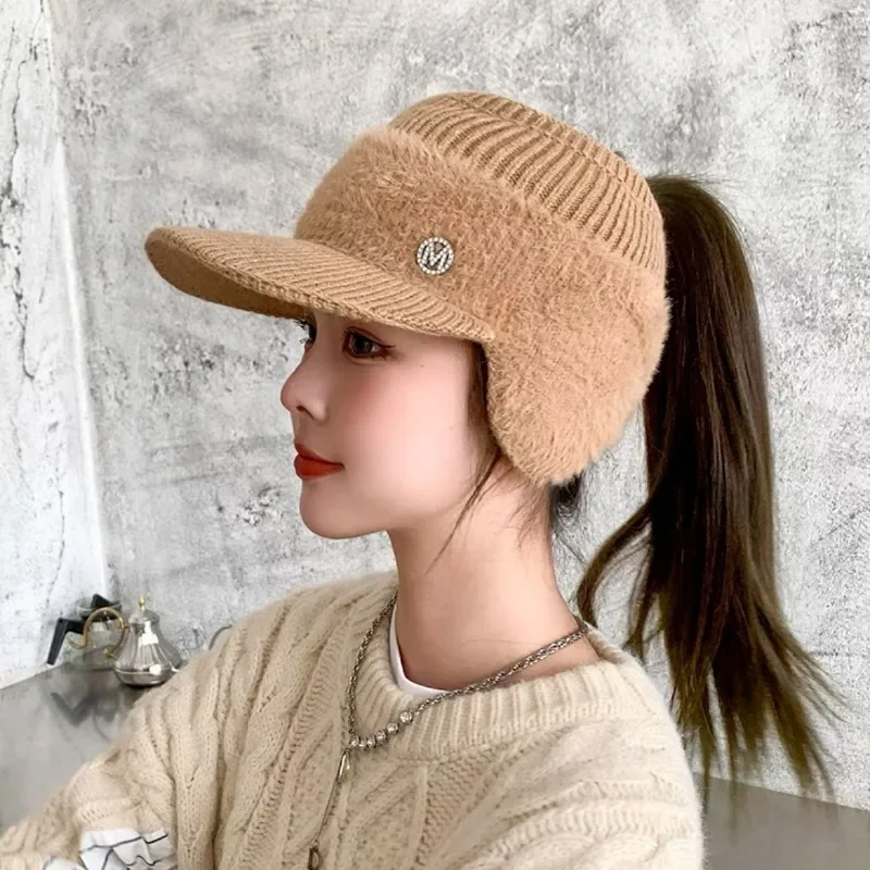 

Autumn Winter Women's Knitted Fleece Hat Ladies with Earflaps Hats Empty Top Keep Warm Peaked Cap for Female Ear Protection