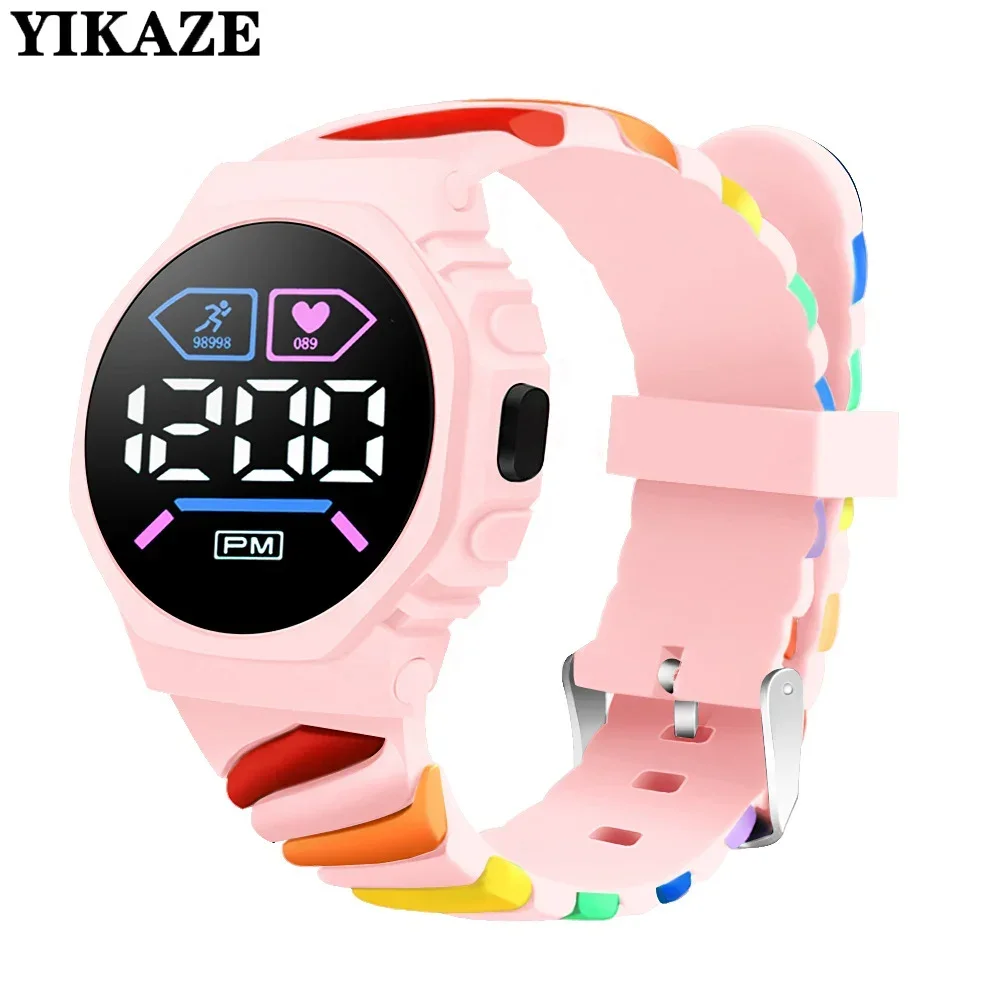 YIKAZE Digital Children Kids Watch Silicone Strap Rainbow Wristwatch Sport LED Electronic Watch for Boys Girls Kids Student Gift