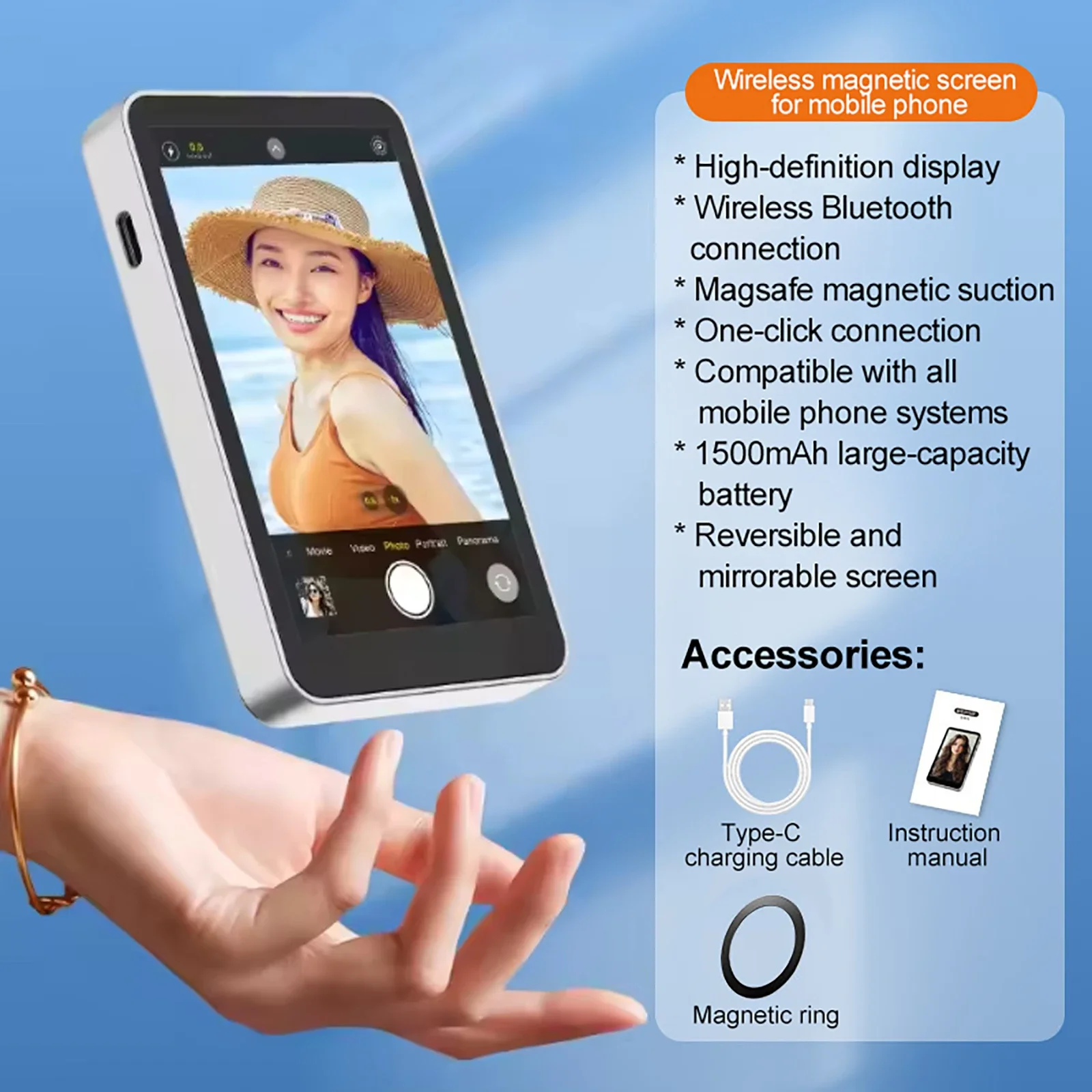 Cep Telefonu için Bluetooth Kablosuz Manyetik Selfie Ekran Projektörü iPhone ve Android için Arka Bölünmüş Ekran Canlı Yayın