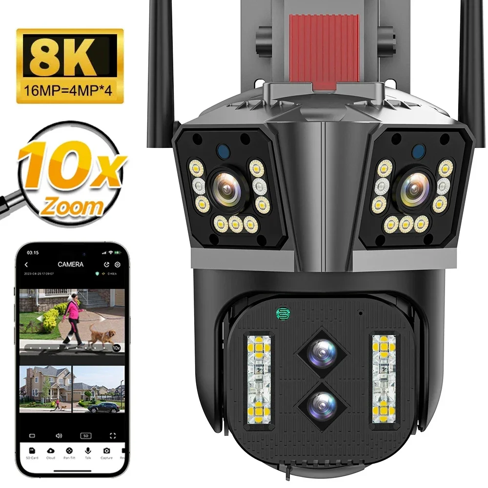 IPC360 Home 8K 16MP 4 Lens 10X Zoom WiFi PTZ Camera 3 Screens Two Way Audio Auto Tracking Outdoor Waterproof Security Camera ipc360 home app 16mp 8k 4 lens 10x zoom wifi ptz camera 3 screens two way audio auto tracking color night vision security camera