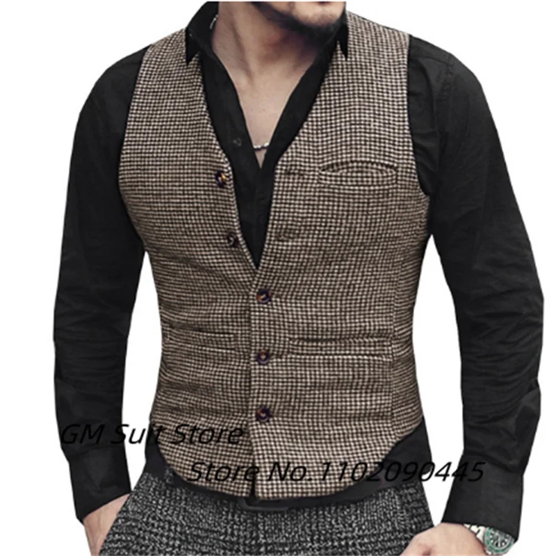 Brown Tweed Suit Vest Handsome Men's2022 Casual Punk Vest Slim Fit Black Satin Back Single Breasted Men's Business Groom Wedding