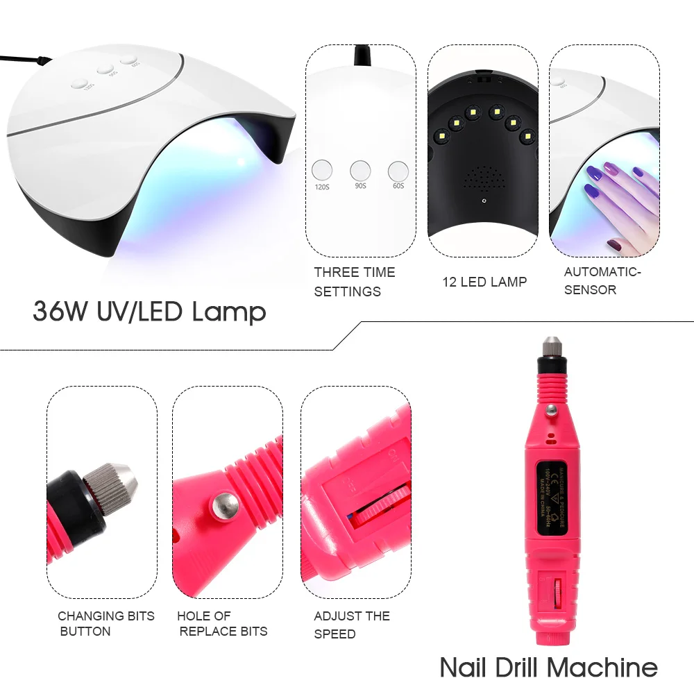 Maniure Tools Set 20 PCS Gel Nail Polish With 36W Nail Lamp Electric Nail Drill Machine Semi Permanent Gel Varnish Nail Art Set 2