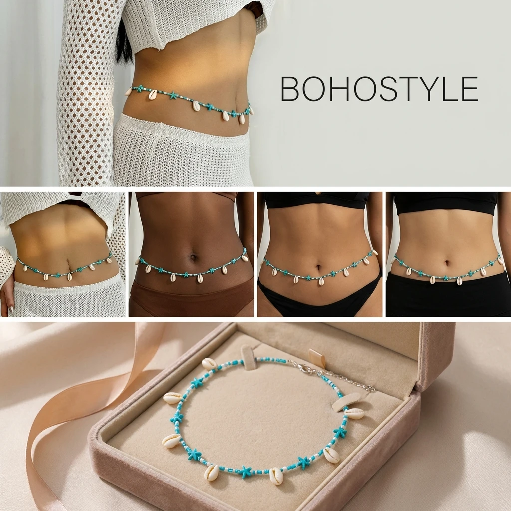 Klassische Bunte Reisperlen-Muschel-Taillenkette für Frauen Handgewebte Böhmische Seestern-Bauchkette Sommer-Strand-Körperschmuck – Detail 1