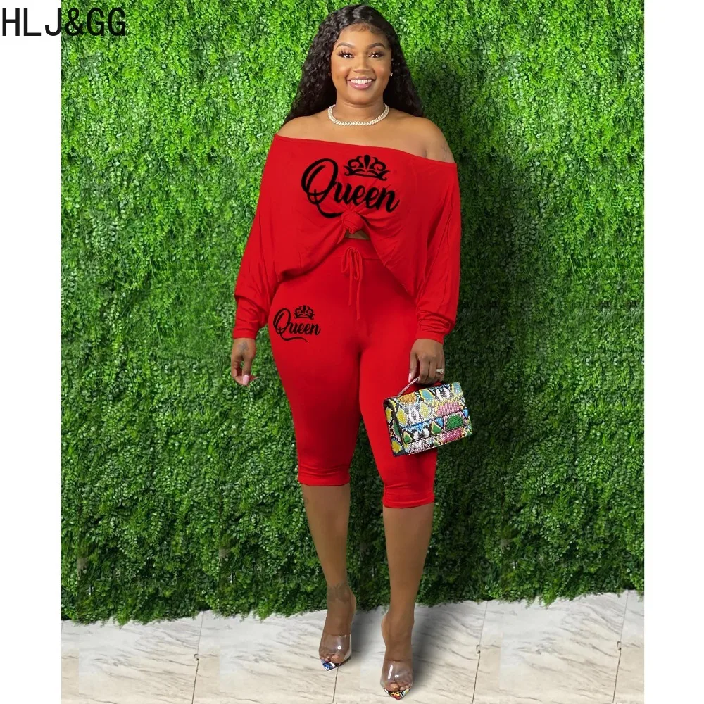 HLJ&GG Casual Off Shoulder Letter Printing Two Piece Sets Women Long Sleeve Top And Skinny Shorts Tracksuits Female 2pcs Outfits