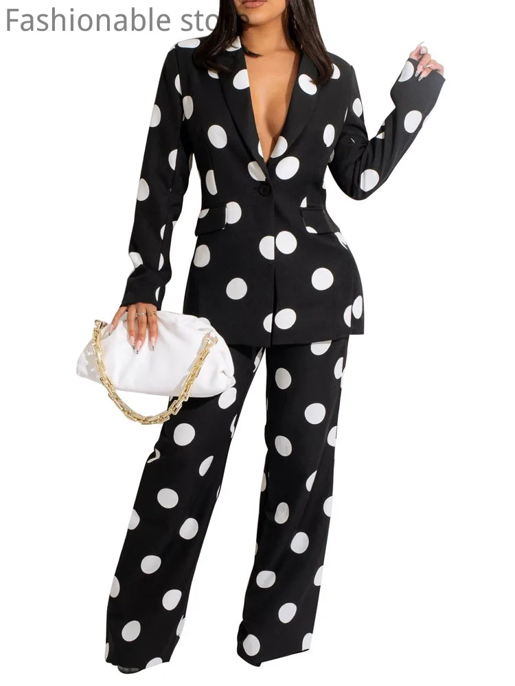 

Women One Button Dot Print Casual Blazer And High Waist Straight Pants Set