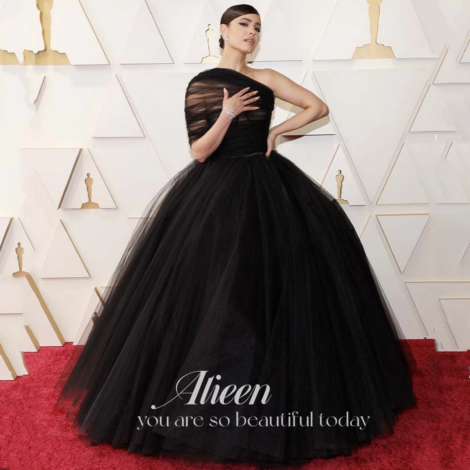

Aileen Black Puffy Mesh Graduation Dresses for Prom Evening Dress Wedding Party Dress Women Elegant Luxury Shoulder Sleeve 2023