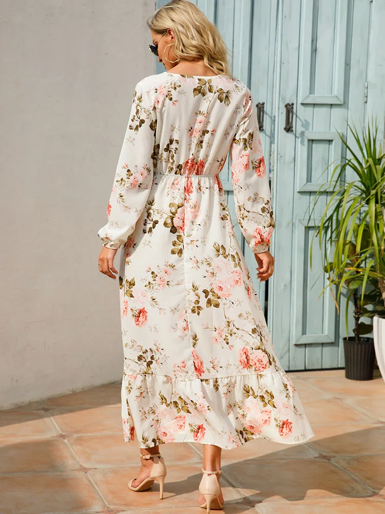 Elegant Floral Print Women Dress Spring Summer Casual O Neck Long Sleeve Chiffon A Line Long Maxi Dress Party Vestidos