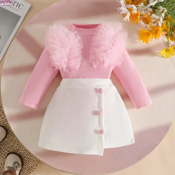 Baby Girl ClothesTulle Trim 2Pcs Sets 0-3Y Baby Dresses Long Sleeve Top and Button Accent Skirt for Newborn Girls Party Outfit 1