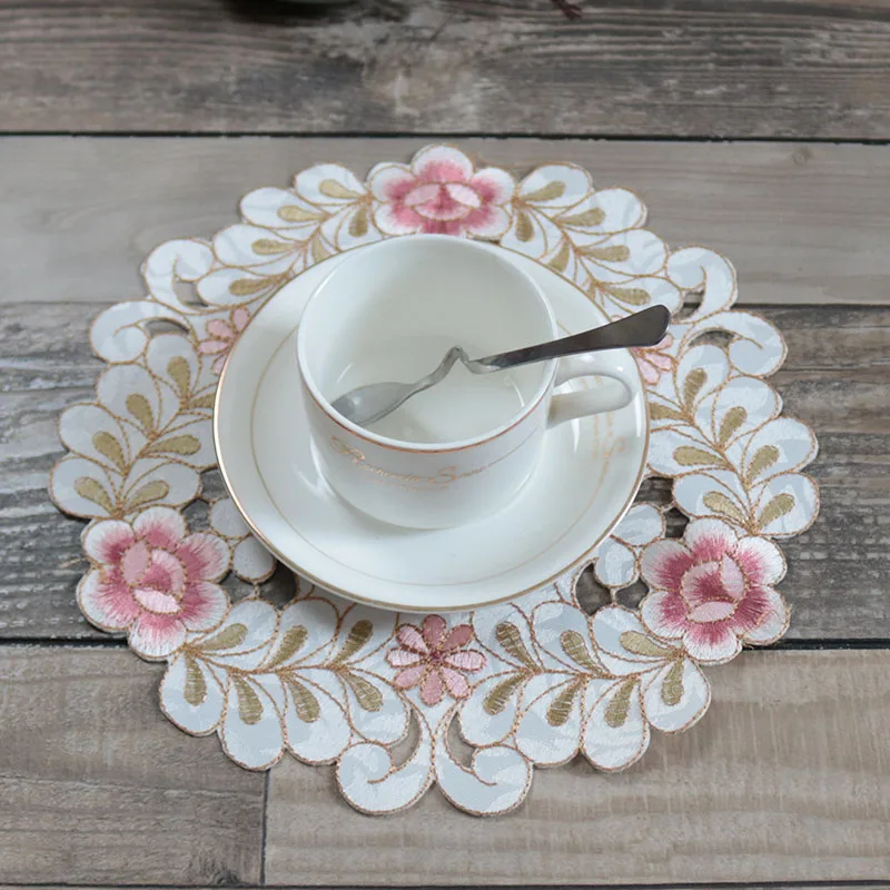 HOT satin flower embroidery table place mat cloth Wedding Christmas party dish placemat kitchen Table decoration and accessories