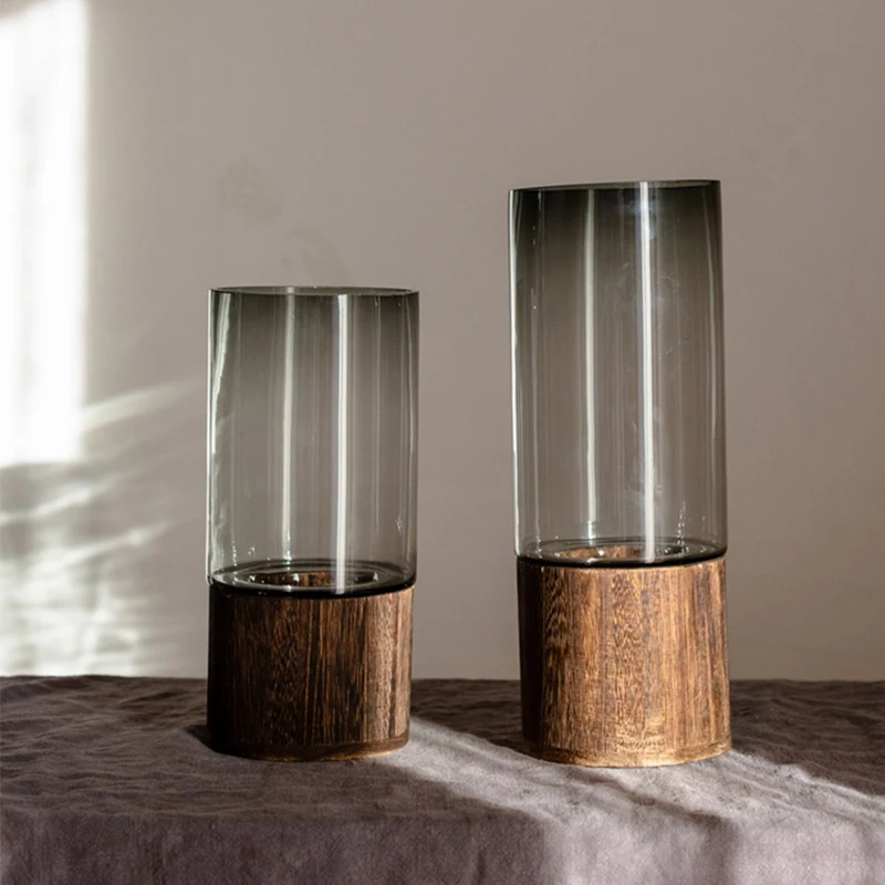 Luxury Glass Vase with Wooden Bracket High-grade Living Room Creative Transparent Flower Vessel Home Decoration Accessories Hot