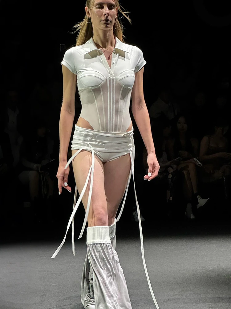 Nibber Music Festival 2 Piece Set Women Trend Button Polo-Neck Mesh Patchwork Bodysuits+Ribbon Short Party Sexy Ruched Suits