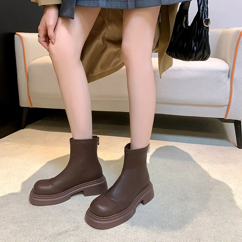 Bottes Martin en cuir véritable marron pour femme, bottes courtes polyvalentes à semelle épaisse, fines, offre spéciale, automne/hiver 2023, Maillard Women's Boots_voghion.com