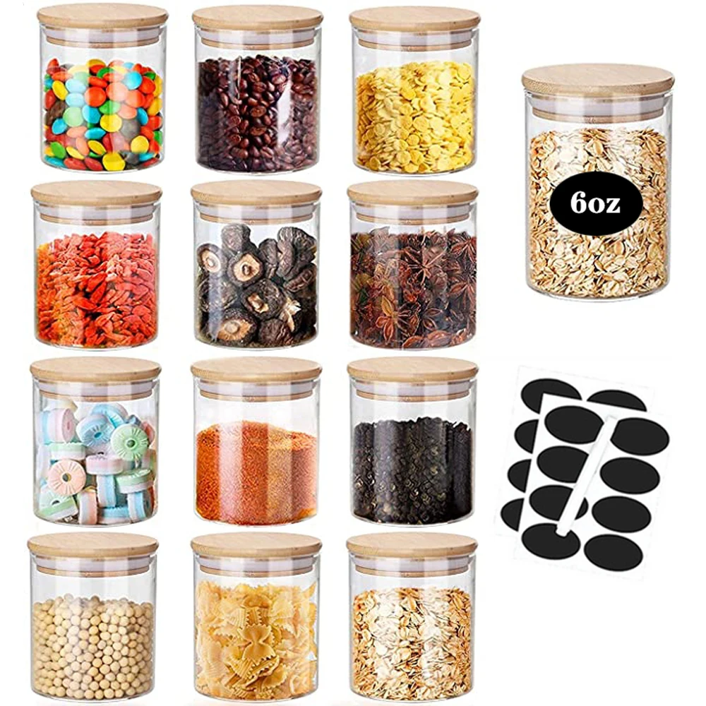 

12pcs Glass Jars with Bamboo Cover Glass Airtight Kitchen Canisters Condiments Food Storage Container Pantry Spice Storage Jar