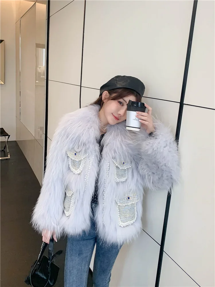 Raccoon Dog Fur Woven Fur Coat for Young Women Short Pearl Rough Weave Winter Sexy Club Thick Warm Fur Knitted 4 Pockets Jackets