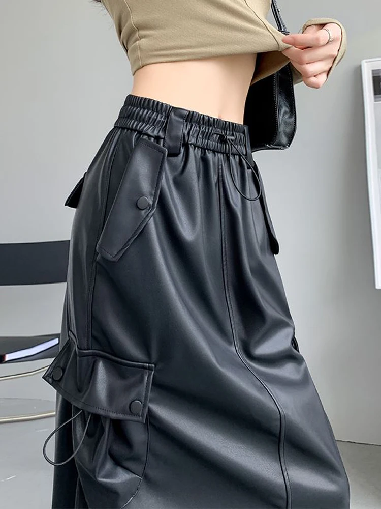 

Юбка Женская средней длины с поясом на резинке, Офисная облегающая однотонная трапециевидная юбка-карго из искусственной кожи с разрезом, серого цвета, на лето