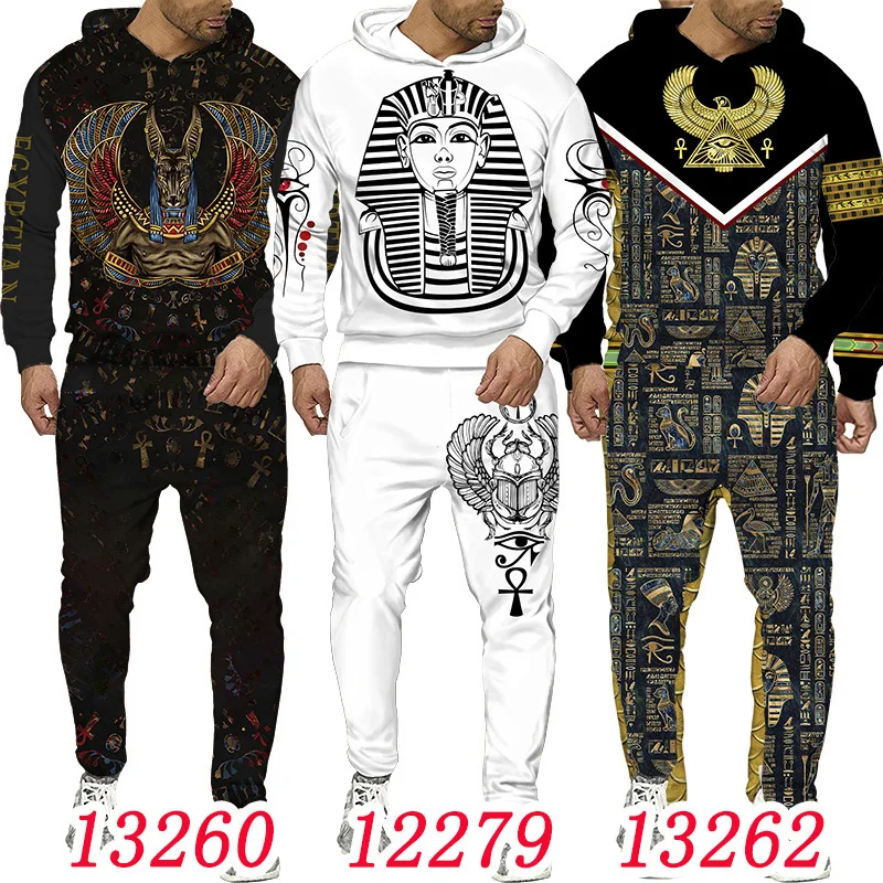 S-6XL Mărime mare 3D Jachetă pentru bărbați cu imprimeu egiptean Hanorac cu pantaloni Set Trening pentru bărbați Iarnă și toamnă Sport Umăr bărbătesc_voghion.com