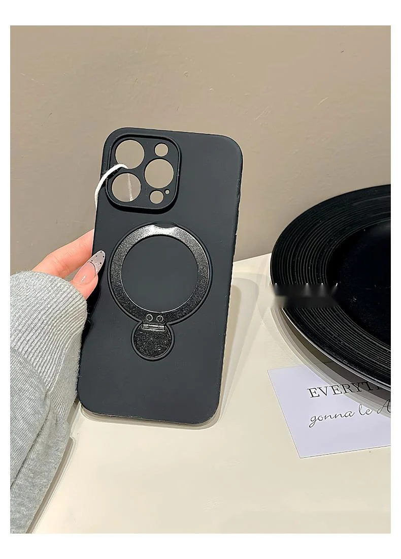 Premium solid color magnetic rotating folding stand suitable for 16 Promax phone case iPhone liquid silicone 15_voghion.com