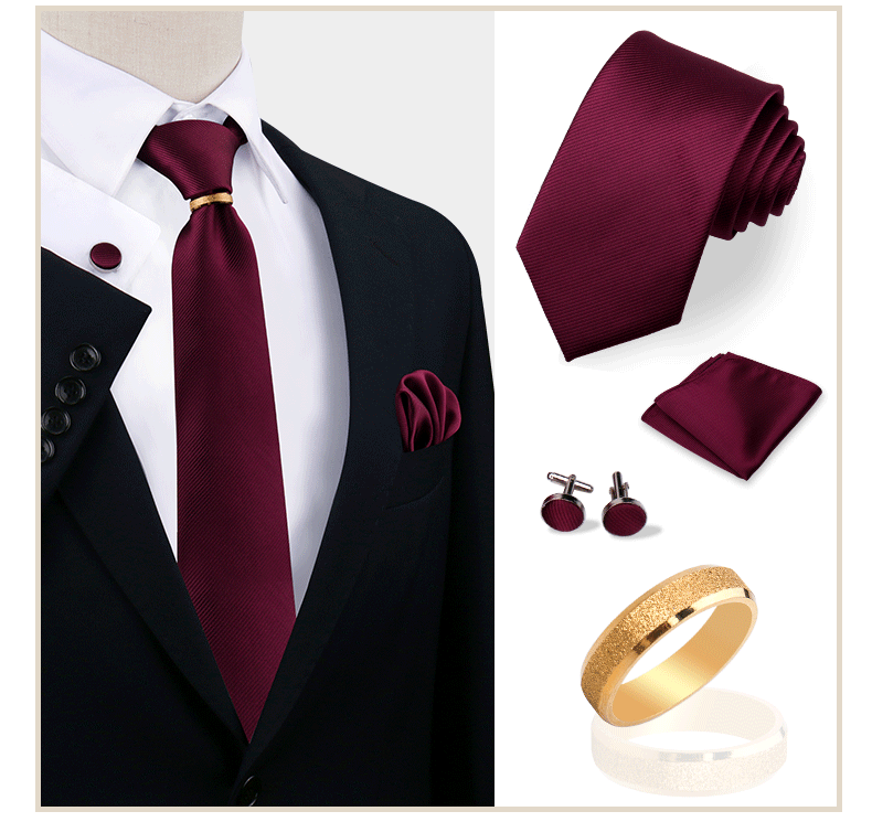 Luxus-Krawattenset in Uni-Farbe für Herren, Krawatte, Taschentuch, Manschettenknöpfe mit goldenem Metallring, Brosche, Anzug, Hochzeit, Herren-Accessoires – Detail 34