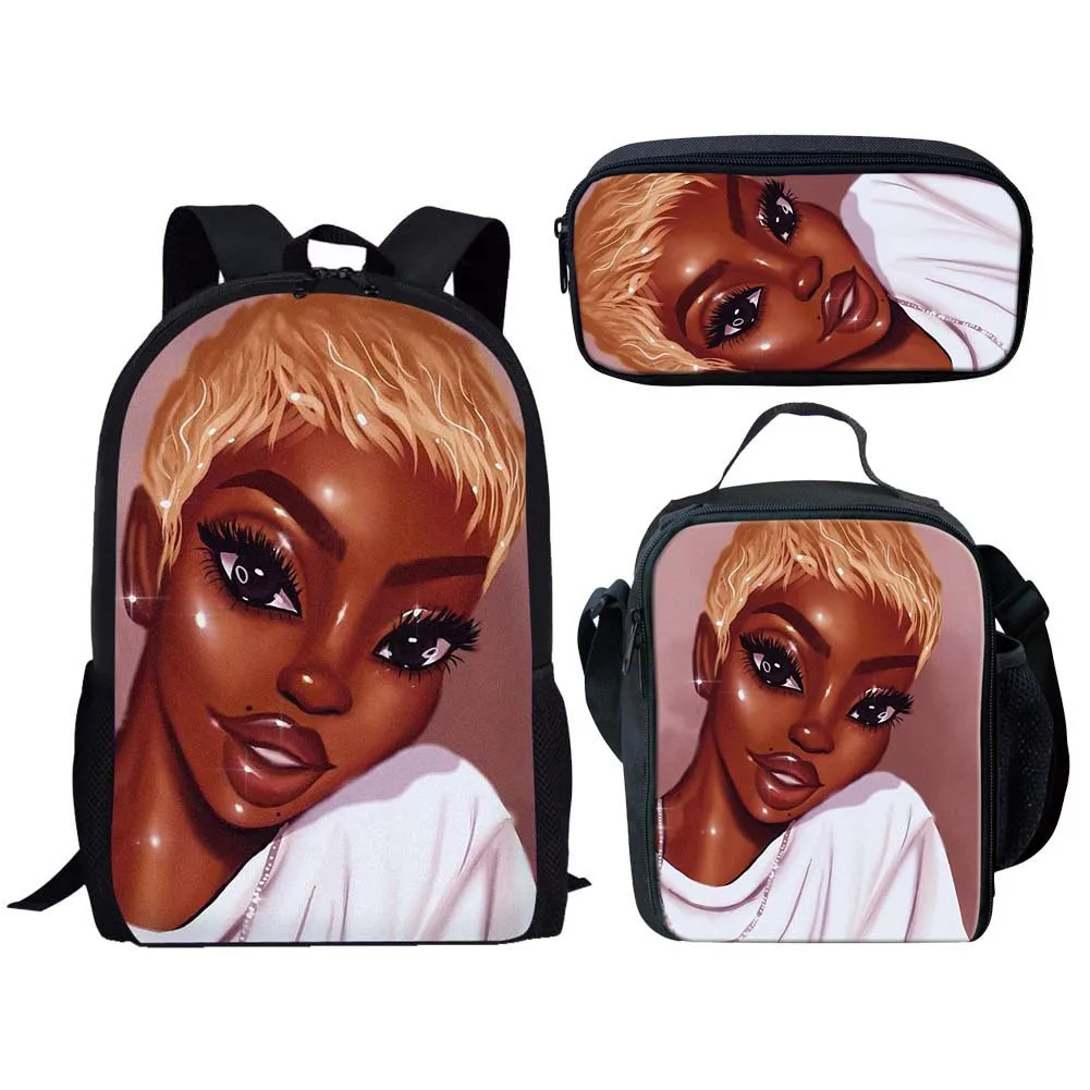 Popular Youthful Trendy African Girls 3D Print 3pcs/Set Student Travel bags Laptop Daypack Backpack Lunch Bag Pencil Case