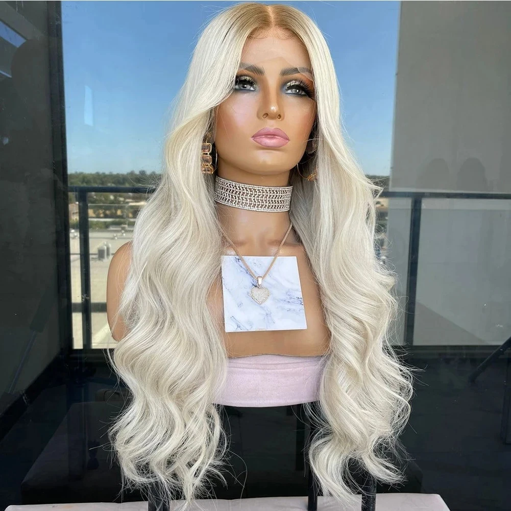 

Ombre Icy Blonde Lace Front Wig for Women Synthetic Hair Wavy Glueless Pre Plucked Light Roots Lace Frontal Wig Fiber Cosplay