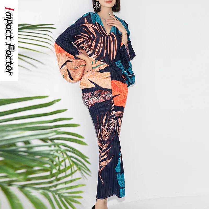 

Платье женское Плиссированное с рукавом летучая мышь, элегантное Модное Длинное свободное приталенное, с крупным V-образным вырезом и принтом