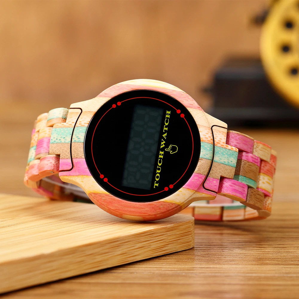Electronic Men's Watches Touch Screen LED Colorful Bamboo Strap Time Date Luminescent Watch Folding 2023 New