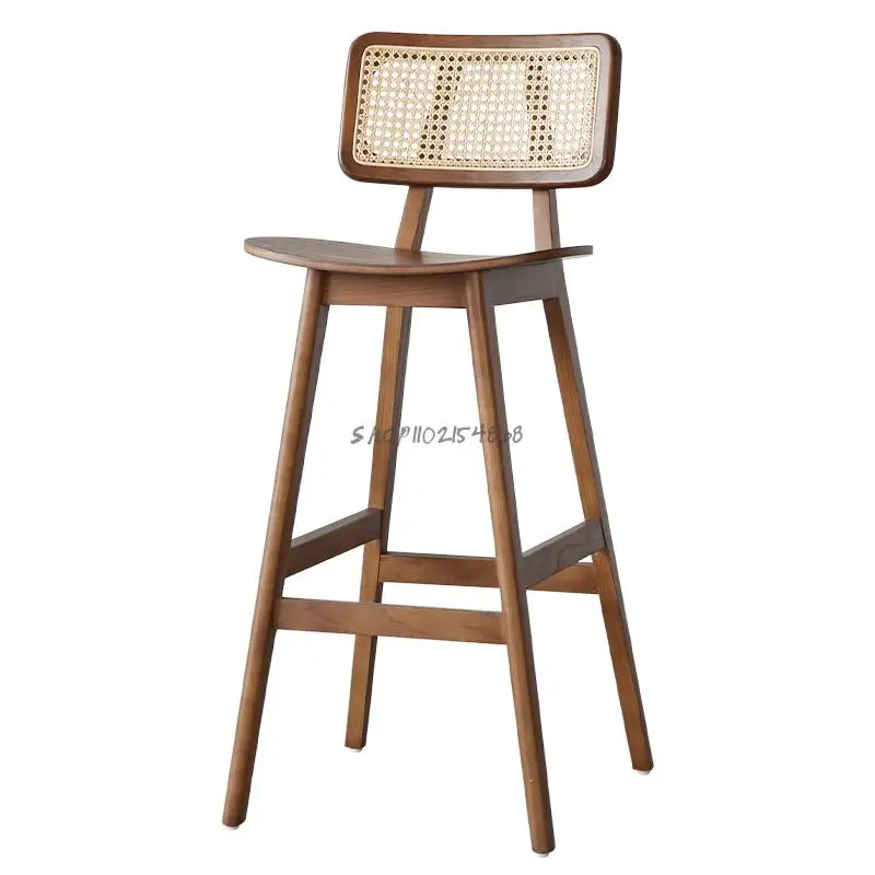 Solid Wood Rattan Bar Chair High Stool Simple Light Luxury Modern High