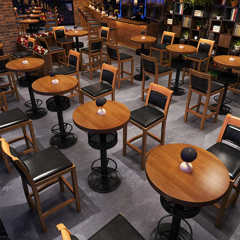 

Custom, Pub dining home restaurant lounge cocktail metal frame industrial classic round wood high bar stool and table set
