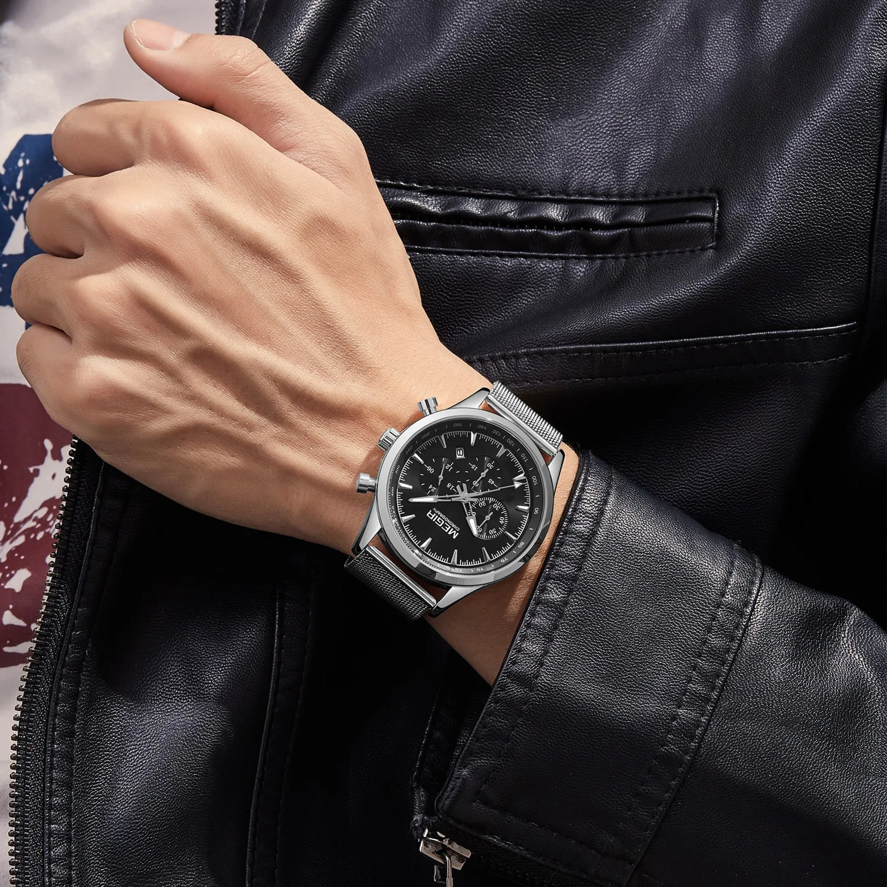 MEGIR Orologio Cronografo Sportivo da Uomo, Movimento al Quarzo, Bracciale in Rete d'Acciaio, Impermeabile, con Calendario, Orologio da Polso Casual per Gentiluomini - immagine 2