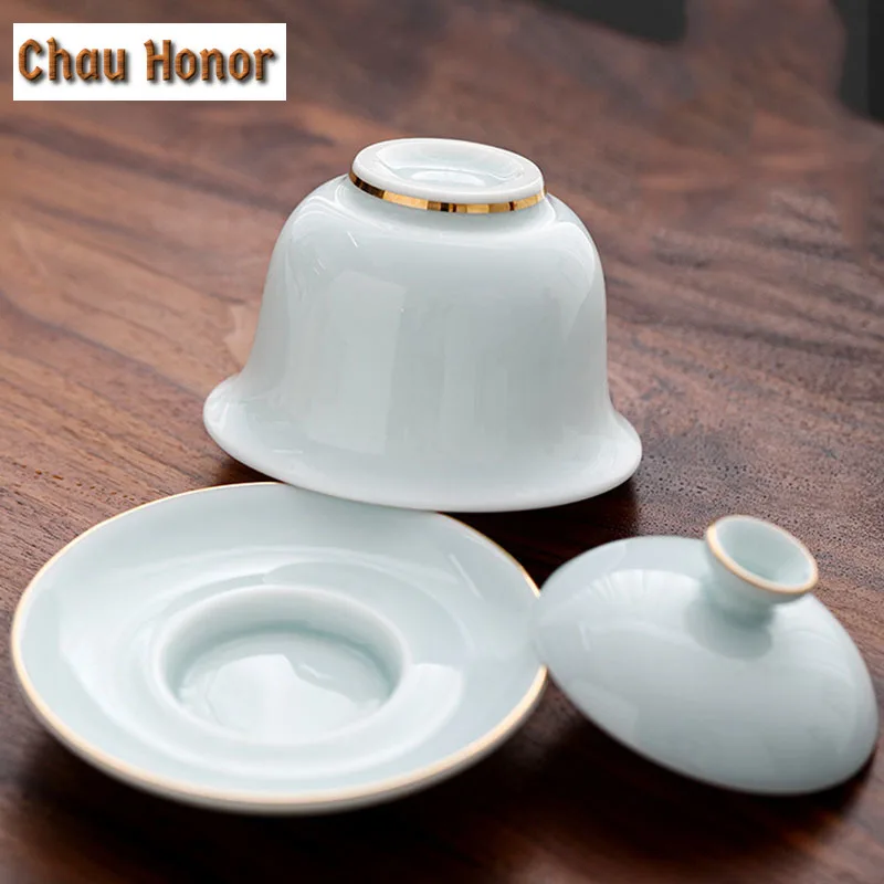 175ml White Porcelain Painted Gold Covered Bowl Handmade Ceramic Tea Cup Large Tea Making Sancai Covered Bowl Kung Fu Tea Bowl
