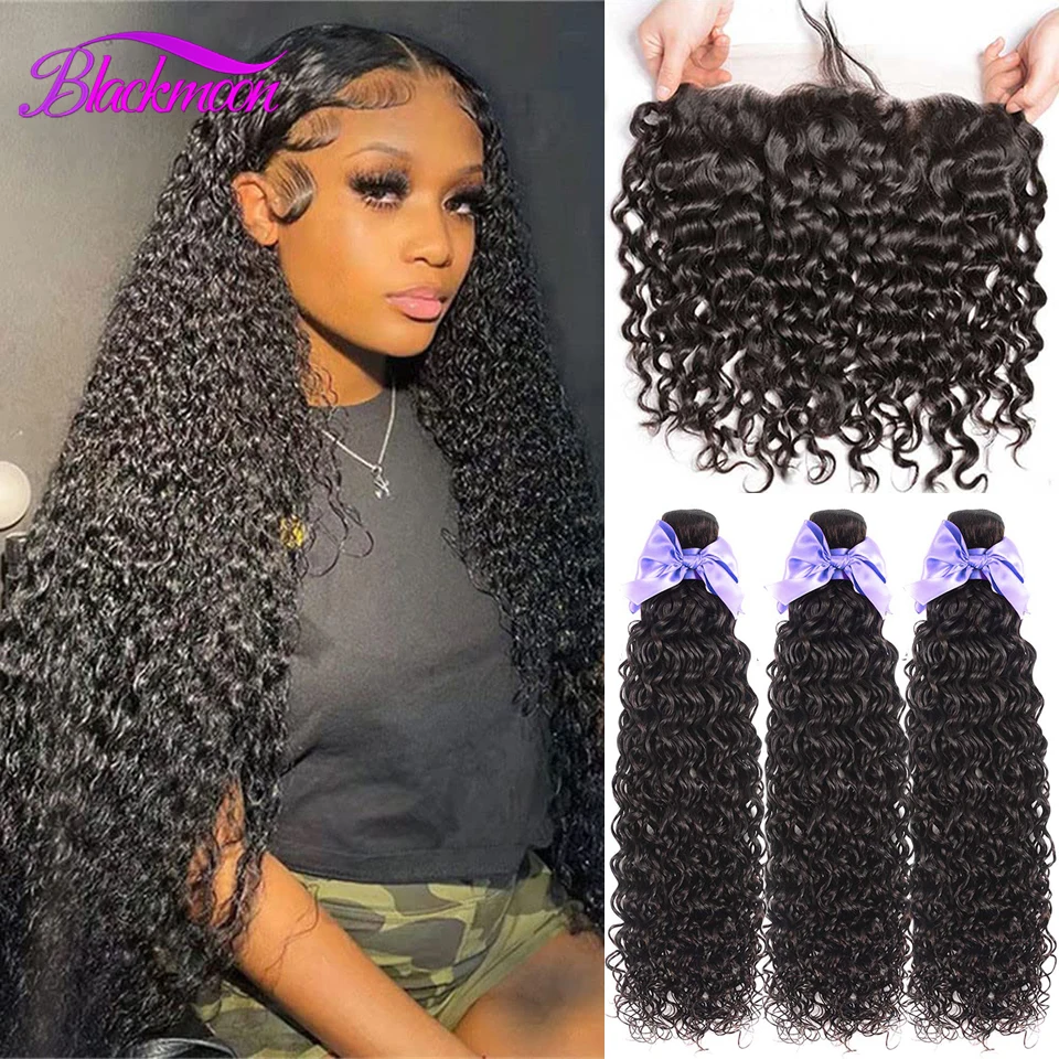 

10A Brazilian Hair Bundles With Frontal Water Wave Bundles With Frontal Closure 13x4 Ear to Ear Lace Human Hair Weave Extensions