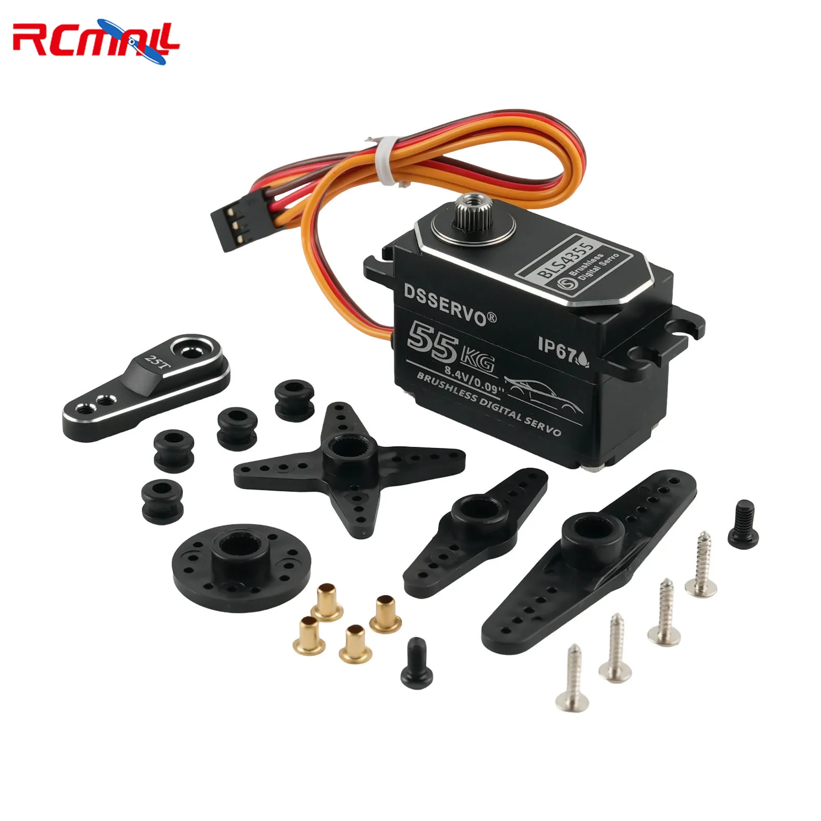 Servo Dsservo BLS4355 installé sur un châssis de voiture RC 1/10, montrant les bras de direction.
