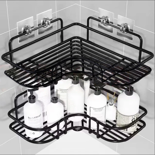 Bathroom Shelves Kitchen Organizer Black Shelves Corner Frame Iron Shower  Punch-Free Mounted Caddy Rack For Bathroom Accessories