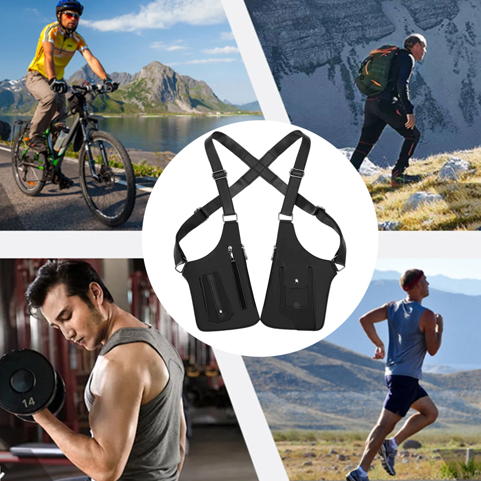 Men PU Leather Nylon Multi-Purpose Crossbody Bag Adjustable Strap Back Crossbody Bags for Hiking Hunting Fishing Running Cycling