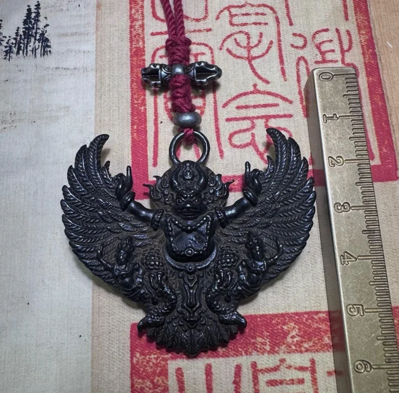 2.1''Old Tibet Tibetan Sky Iron Redpoll Winged Garuda Bird Eagle Buddha Pendant 5