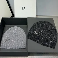 Woman Autumn Winter New Y2k Bow Headgear Silvery Sequined Knitted Hat Girls Ins Designer Fashion Party Cold Skullies Beanies 1