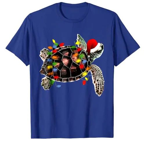 Sea Turtle Christmas Lights Funny Santa Hat Merry Christmas T-Shirt Graphic Tee Xmas Costume Family Matching Aesthetic Clothes