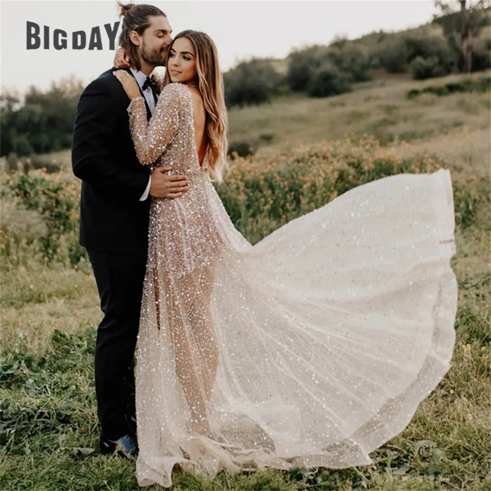 Glitter Long Sleeve Wedding Dresses 2025 Shiny Sequin O-Neck Open Back Bride Gown A-Line Open Back Vestidos De Novia Customized 2