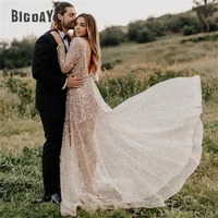 Glitter Long Sleeve Wedding Dresses 2025 Shiny Sequin O-Neck Open Back Bride Gown A-Line Open Back Vestidos De Novia Customized 2