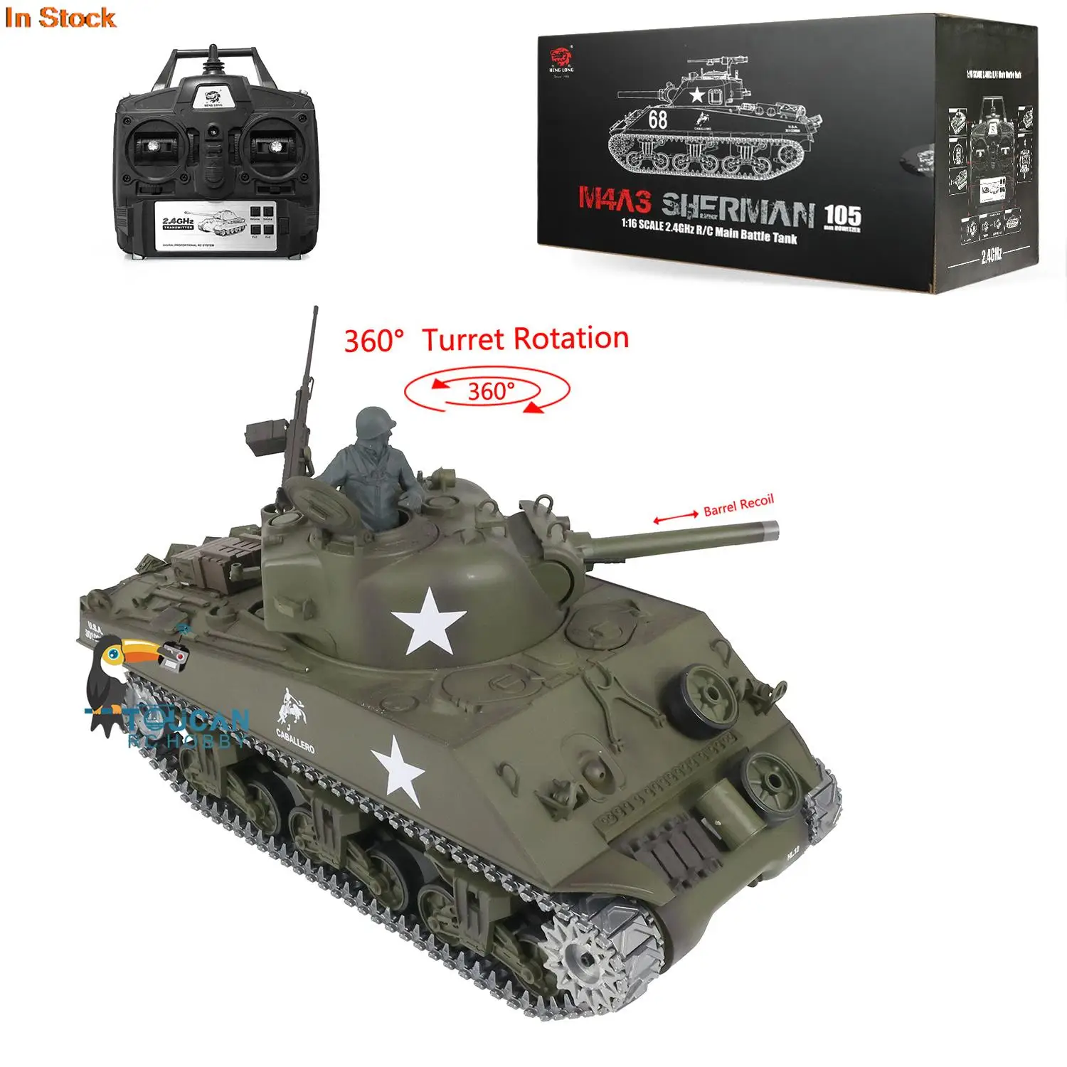 1/16 HENG LONG 7.0 Upgraded M4A3 Sherman RC Tank 3898 Barrel Recoil 360° Turret Metal Track Idler Wheels Army Toys TH17677-SMT4 5