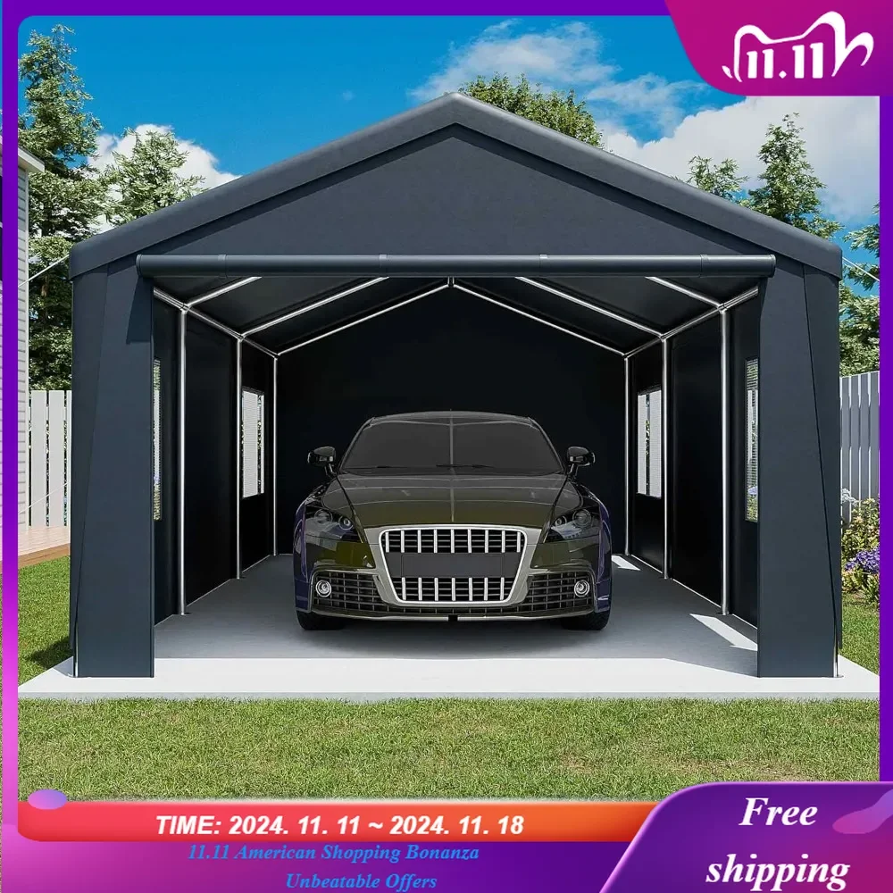 13'x 20' Carport, Heavy Duty Car Canopy Portable Garage with Removable Sidewalls and Roll-up Ventilated Doors & Windows for Car,