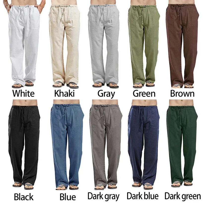 Summer Men Solid Color Linen Multi-Pocket Straight Casual Pants Plus Large Size Breathable Comfortable Drawstring Loose Trousers