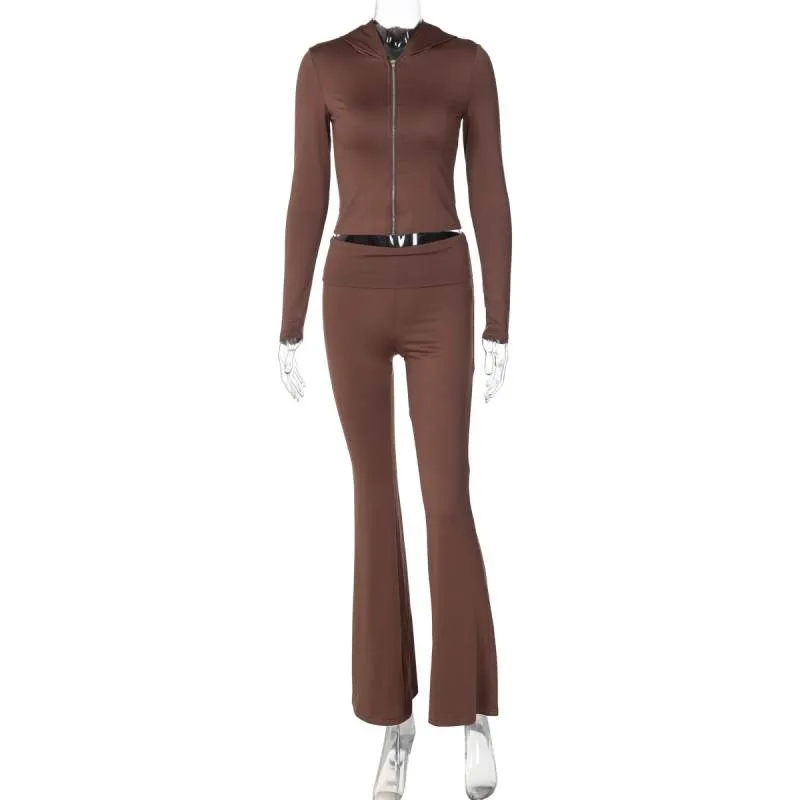thumbnail image 1 of Conjunto de 2 piezas informal para mujer, chándal básico ajustado de manga larga con cremallera, pantalones ajustados acampanados, ropa deportiva suave de moda Y2K para otoño, 1 of 5