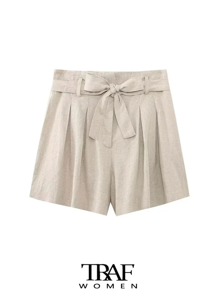 

TRAF Women Fashion With Belt Front Darts Linen Bermuda Shorts Vintage High Waist Zipper Fly Female Short Pants Mujer