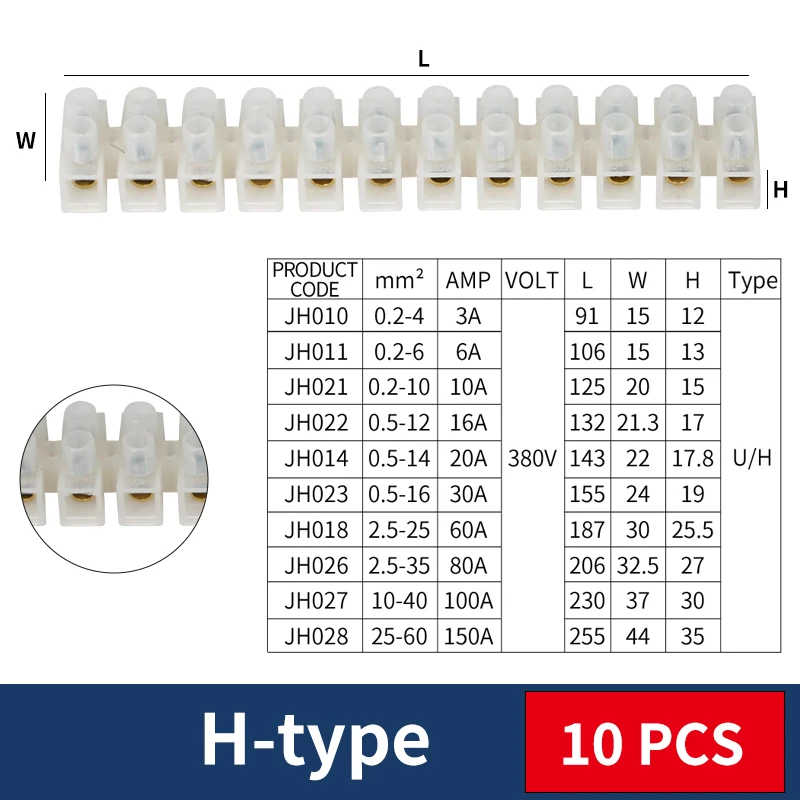 JINH 10Pcs H Type electric connector strip Wire connector Barrier Electirc Strip Block Terminal Plastic Screw terminal block