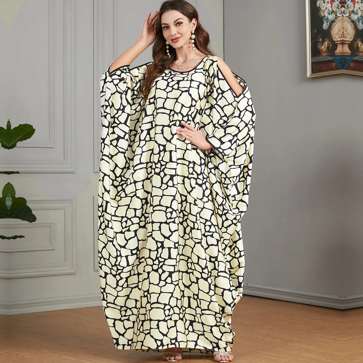 

Muslim Dress Plaid Off-the-shoulder Bat Sleeves Dress for Women Loose Dubai Abayas Muslim Party Dinner Robes Print Summer Dress