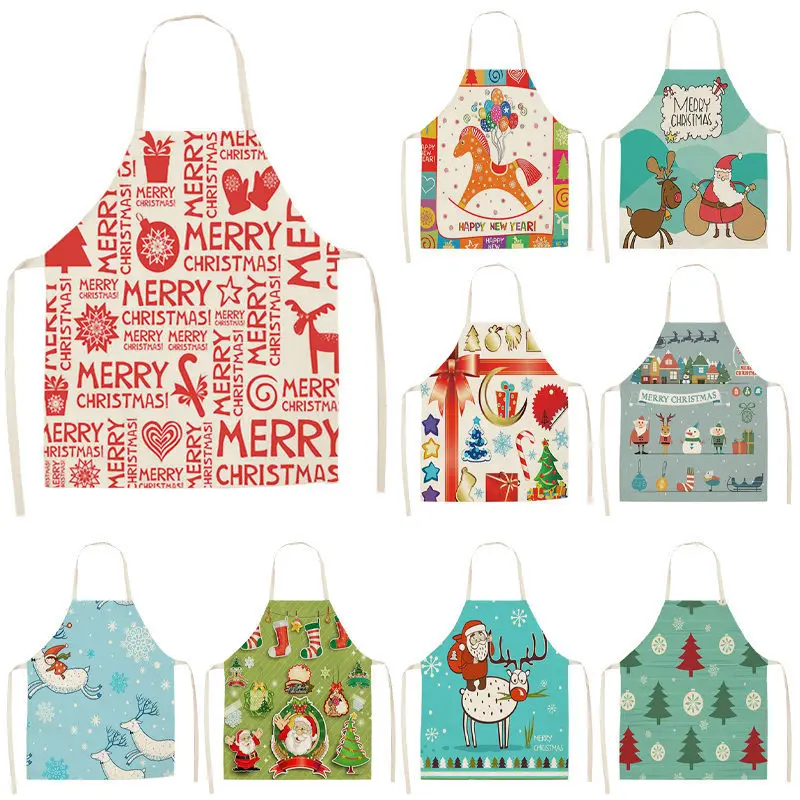 

1pc Christmas Apron Deer Snowflake Pinafore Chef Cotton Linen Aprons 55x68cm Woman Adult Bibs for Home Kitchen Cooking Baking